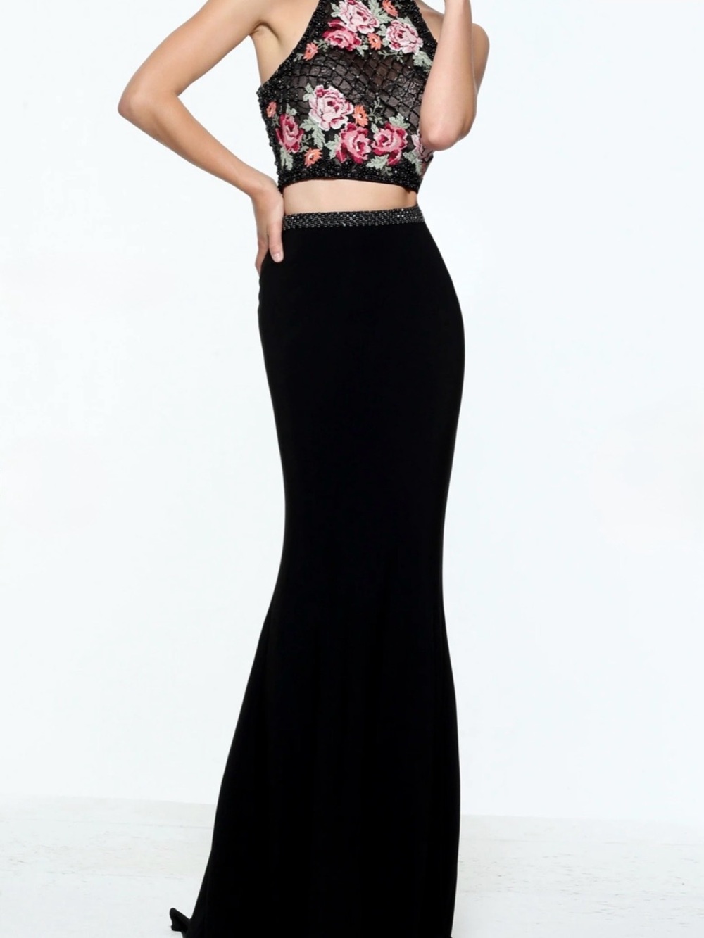 Sherri Hill 51059 Two Piece Halter Embroidered Floral Beaded Black Gown US 4